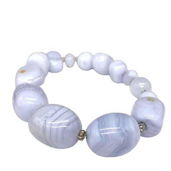 Blue Lace Agate Bracelet, Polished Nuggets Stretch Bangle, Natural Stone Tumbled - Picture 1 of 7